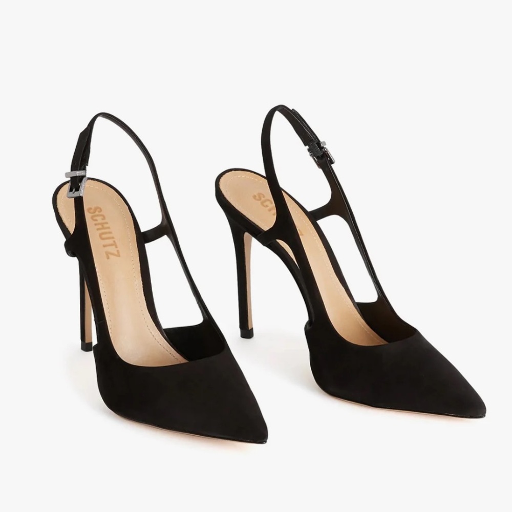Schutz Boris High Heel Stiletto Pointed Toe Leather Buckle Strappy Pump Black
